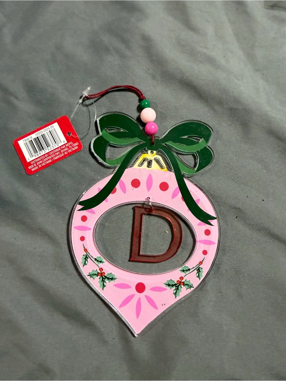 Ashland Pink & Green Decorative Initial 'D' Holiday Wall Ornament